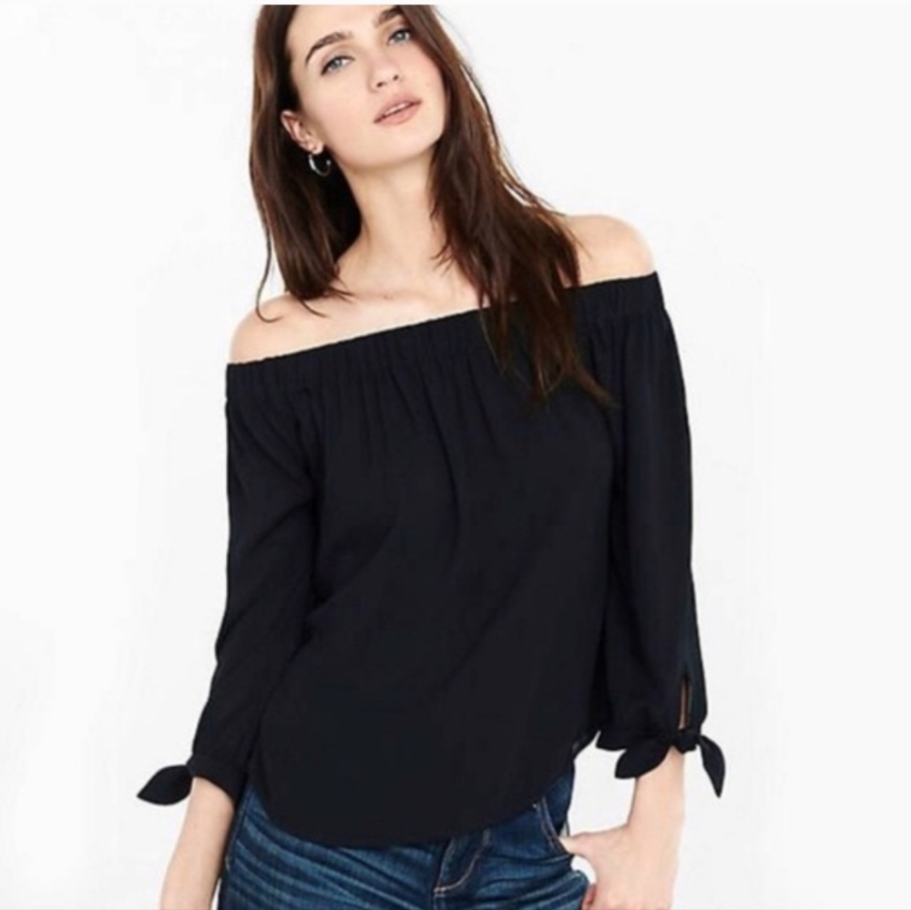 Express Black Sheer Off-Shoulder 3/4 Tie Sleeve Top